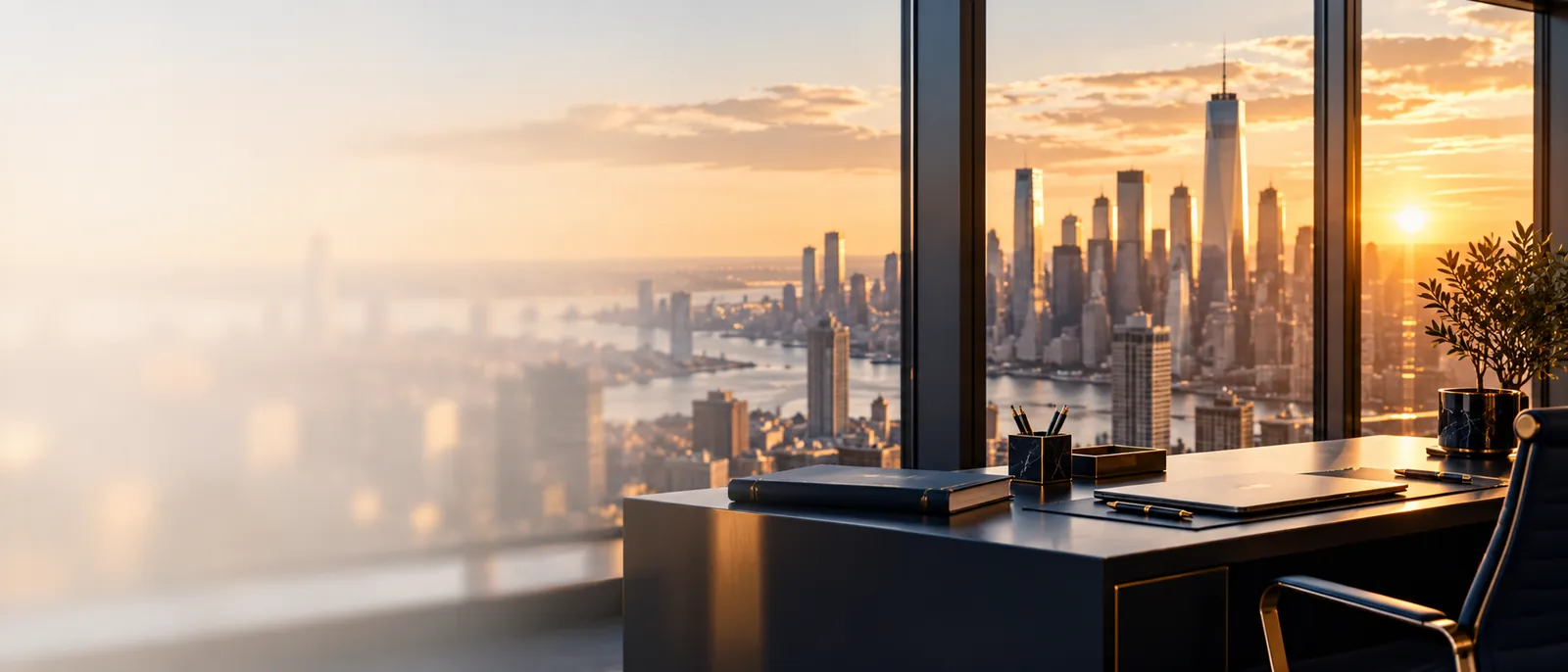 Corporate office overlooking the Manhattan skyline at sunset